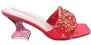 Women’s Red Satin Rhinestone Mule Heels Y2K Square Toe Slip On Block Heel US 7